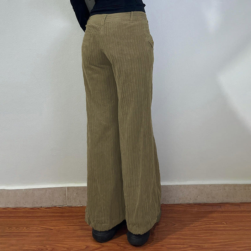 High Waist Straight All-matching Corduroy Flanging Pocket Loose Casual Pants