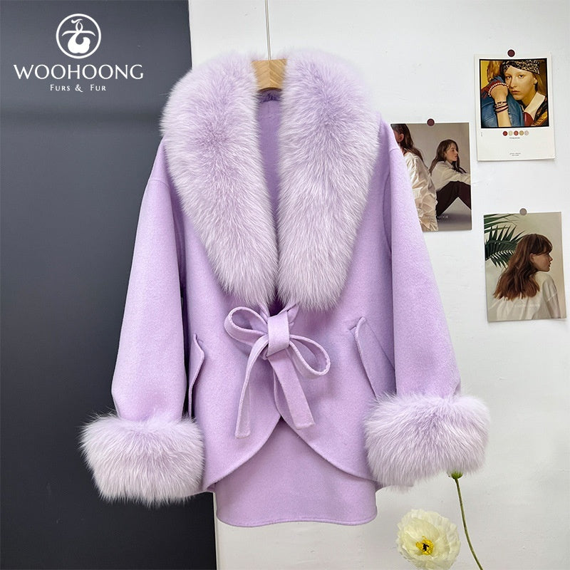 Wool Double-sided Woolen Coat Women's Mid-length Cape Shawl Fox Fur Appearance