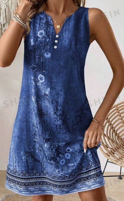 Women's Summer Holiday Floral Print Sleeveless V-Neck Loose Dress With Slit