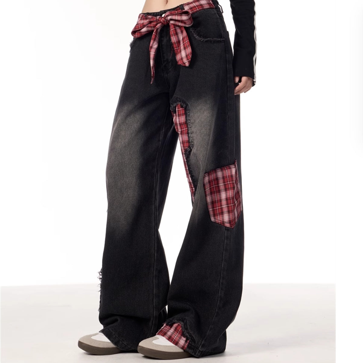 Bowknot Loose Sweet Cool Plaid Stitching Jeans Women's Straight Wide Leg Pants