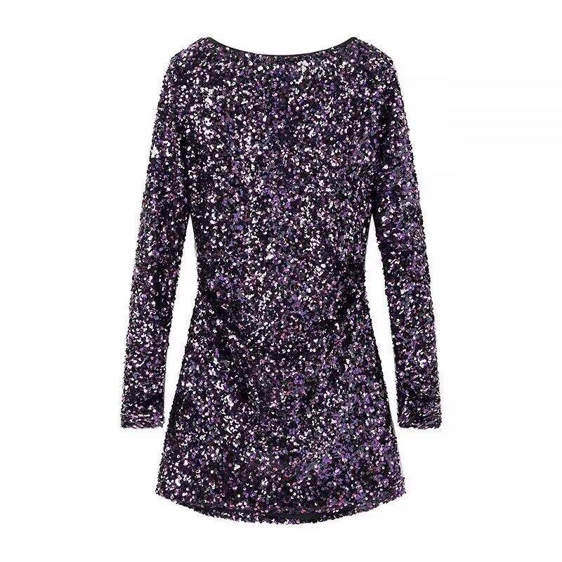 French Style Retro Crew Neck Long Sleeve Sequined Backless Dress