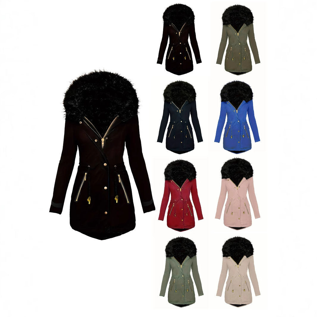 Zipper Faux Fur Decorative Hat Fur Coat Long Sleeve Oblique