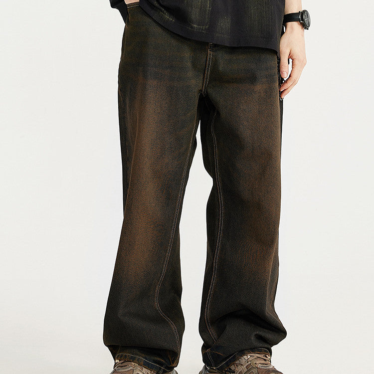 Men's Yellow Mud Stone Washed Wide Leg Jeans