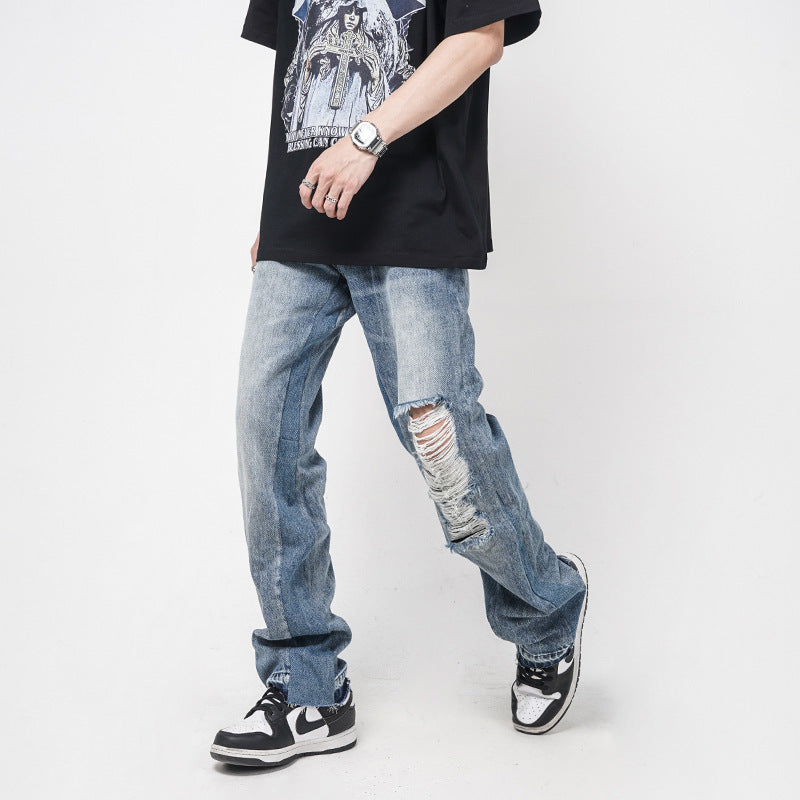 Men's Straight Loose Hole Jeans