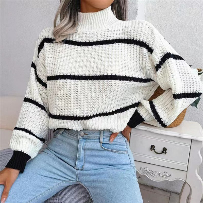 Contrast Color Striped Sweater New Half Turtleneck Pullover Top