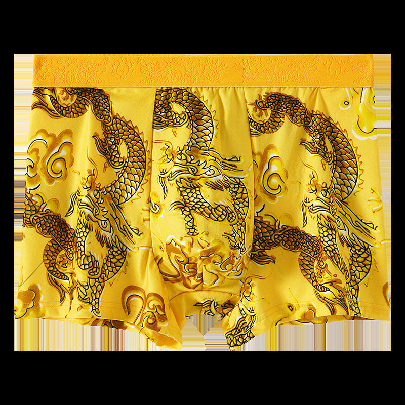 Men's Gold Belt Dragon Print Flower Underwear