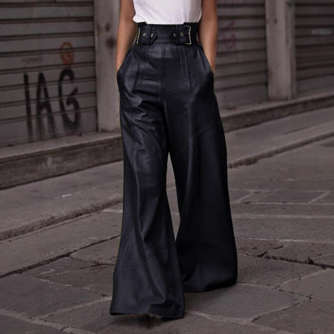 Fashion Leather High Waist Pocket Casual Trousers