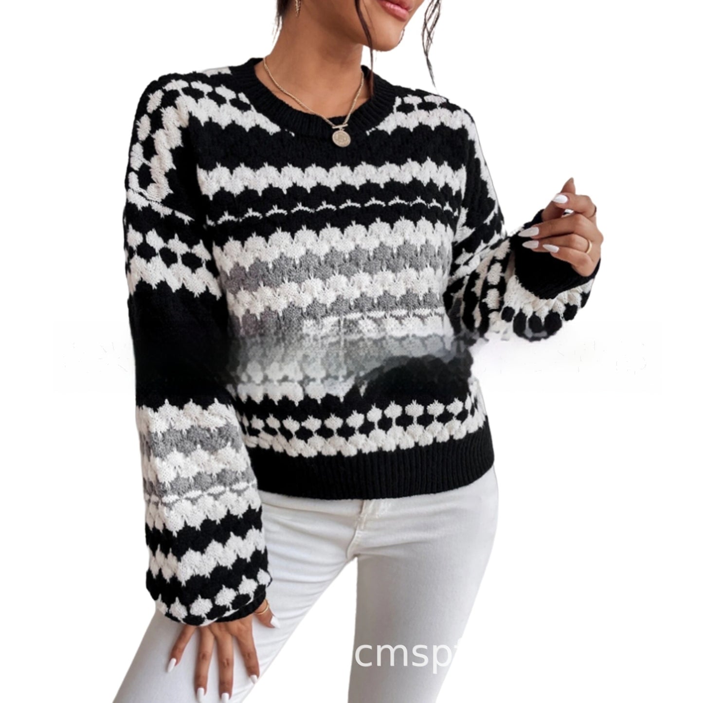 Black And White Striped Knitted Loose Mid-length Lazy Sweater