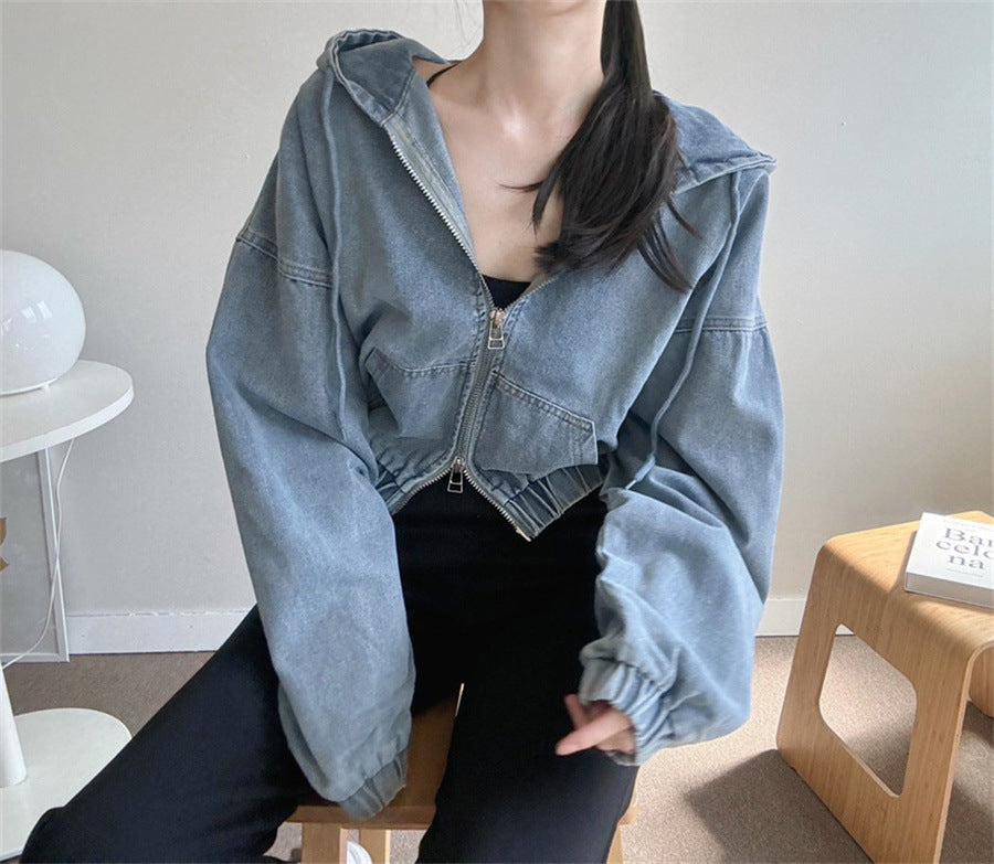 Casual Cool Girl Retro Hooded Drawstring Windproof Denim Jacket Coat