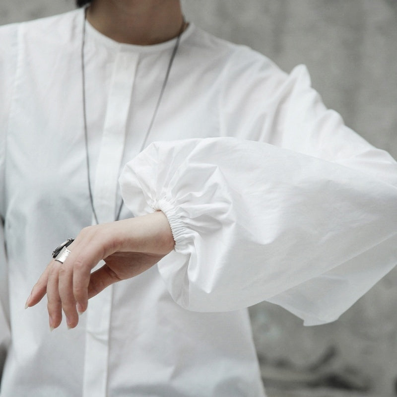 Spring And Autumn New Stand-up Collar Puff Sleeve White Shirt