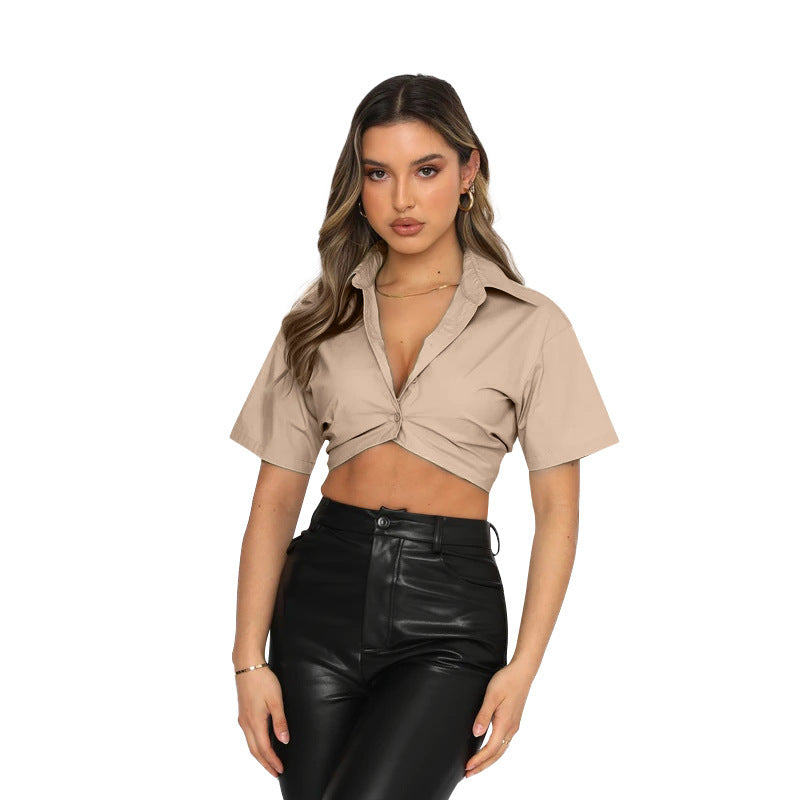 Summer Short-sleeved Polyester Cotton Solid Color Cute Single-breasted Lapel Shirt For Women