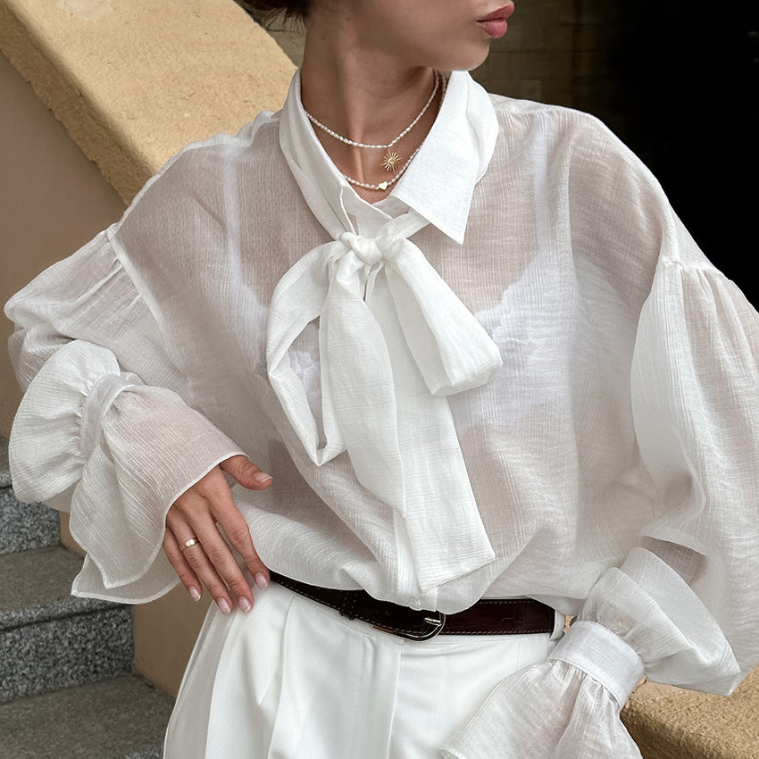 Bow Tie See-through Crepe Bell Sleeve Shirt