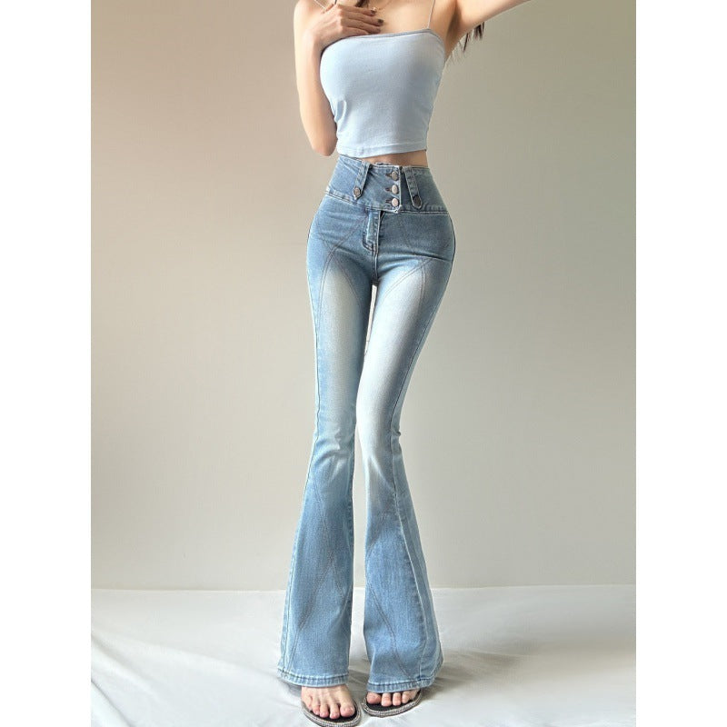 High Waist Retro Light Blue Bell-bottom Pants Elastic White Hip Raise Slim Fit Slimming