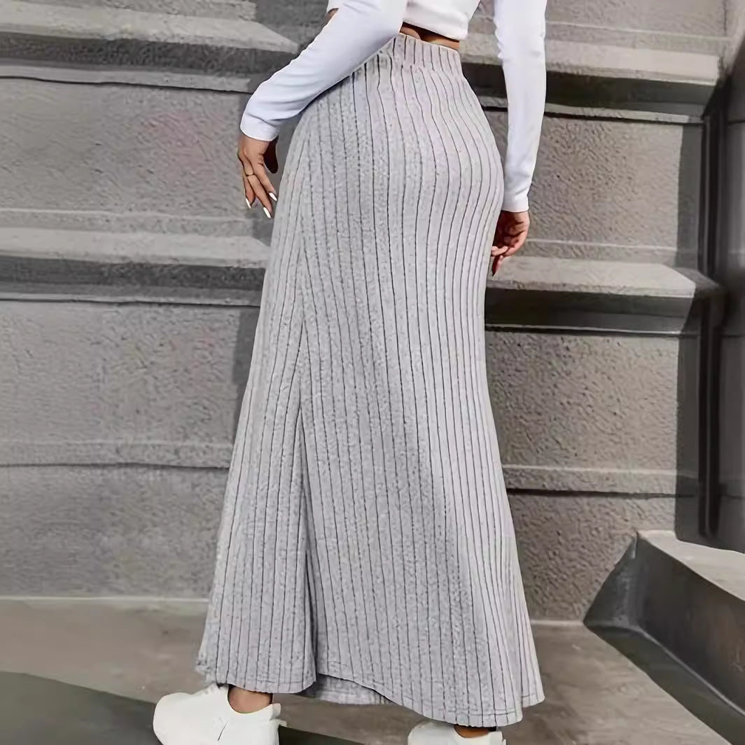 Women Knitted Dress Sunken Stripe Slit Fastener Decoration Sheath Skirt