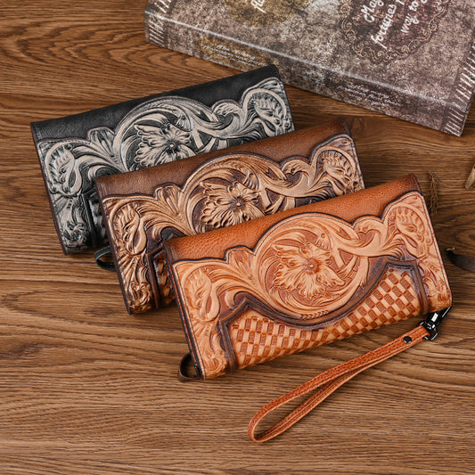 Chinese Style Embossed Wallet Top Layer Long Cowhide Fashion