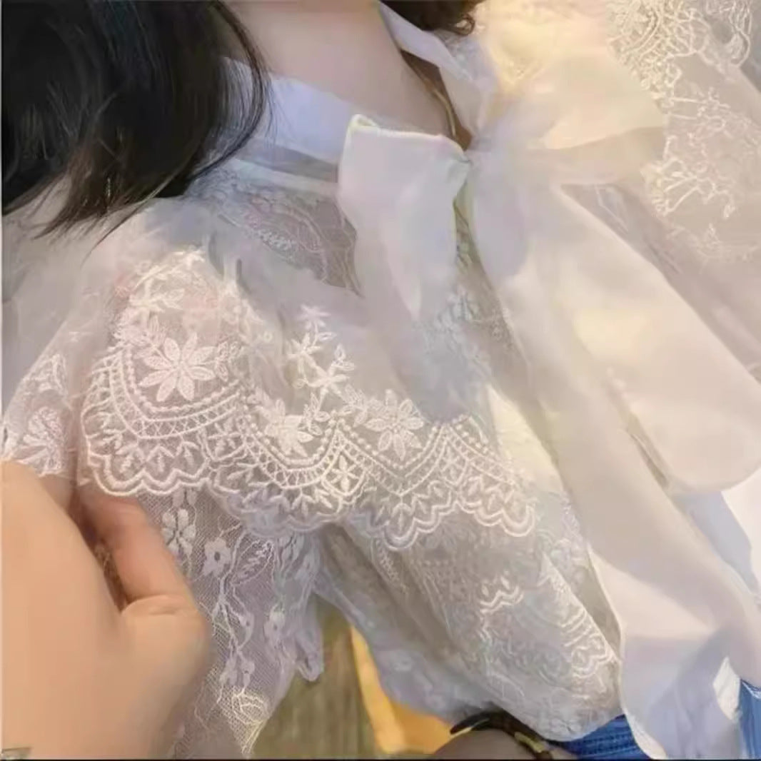 Elegant Bow Long Sleeve Lace Shirt