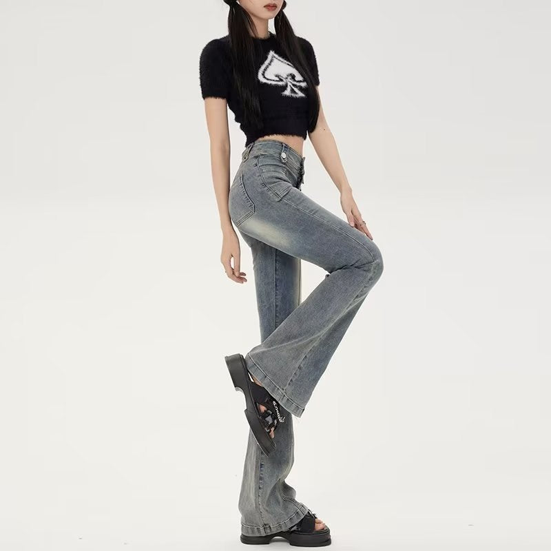 Button Light-colored Lazy Literature And Art Women's Long Jeans