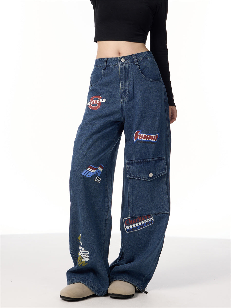 American Retro Stamp Printing Cargo Jeans