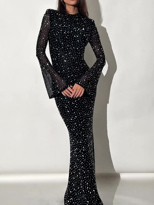 Black Long Sleeve Slim Fit Sparkling Rhinestone Dress