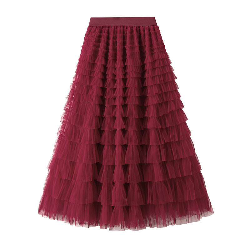 A-Line Mesh Ruffle Skirt Women's Temperament Sweet Long Skirt Slim Cupcake Dress Womens Clothing