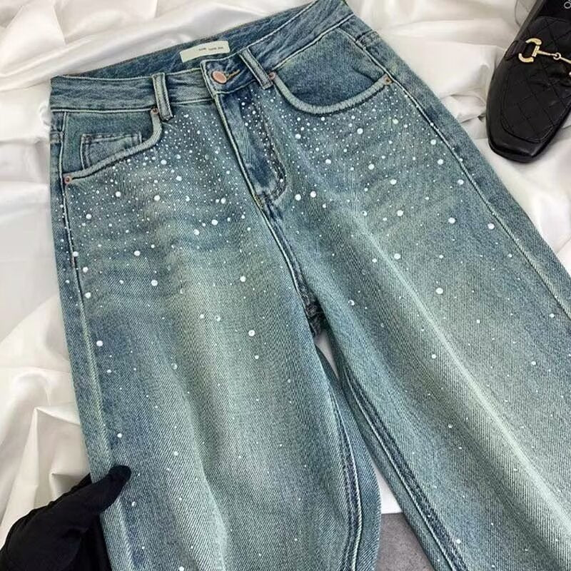 Starry Diamond In The Debris Rhinestone Straight Jeans For Women