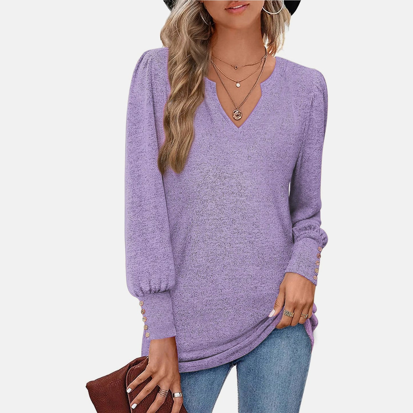 Women's Sweater Solid Color And V-neck Casual Waist Puff Sleeve Button Long Sleeve Top