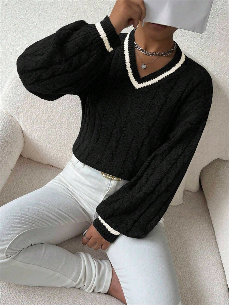 Autumn And Winter Elegant Contrast Color Twisted Loose V-neck Fashion All-matching Women's Sweater