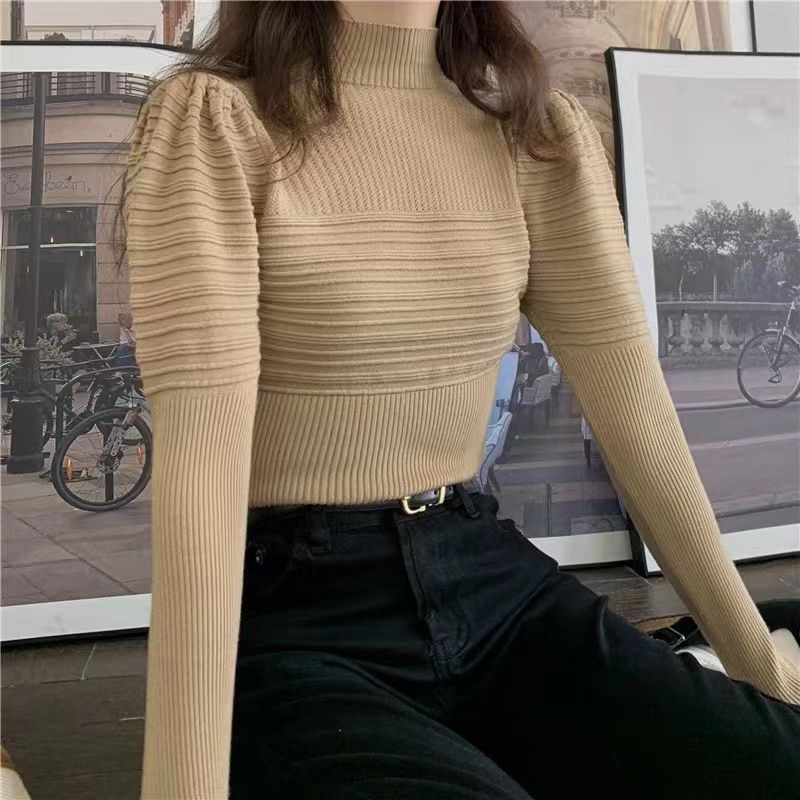 Half Turtleneck Sweater Slimming Puff Sleeve Sweater