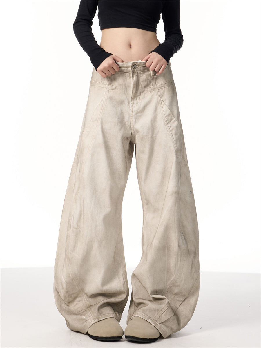 Retro Distressed Dirty White Wide Leg Pants Casual Trousers