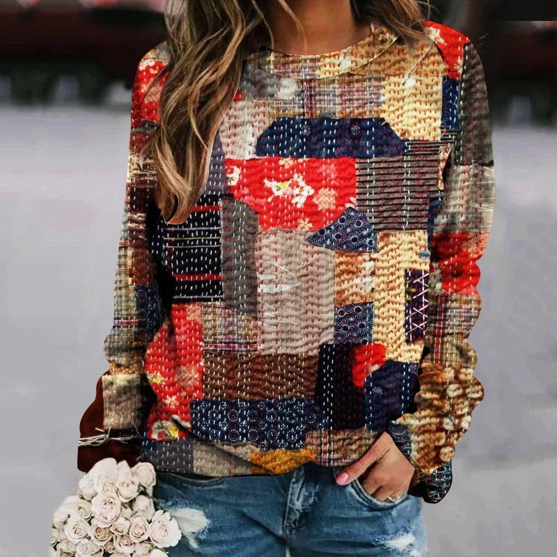 Creative Sweater Printed Patchwork Round Neck Raglan Long Sleeve