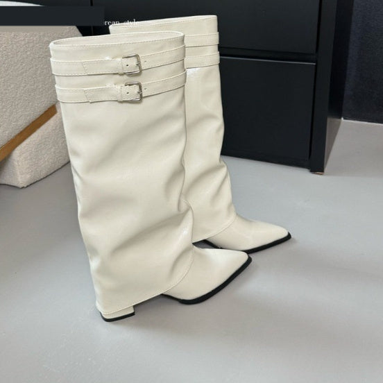 Niche Pointed Toe Chunky Heel Belt Buckle Below The Knee Long Canister Boots